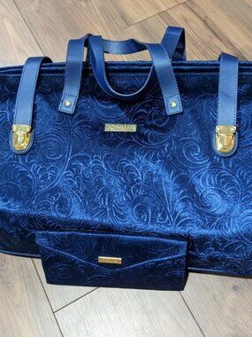 Joy & Iman Midnight Blue Velvet Travel Carpet Bag +Matching Wallet Gold Hardware